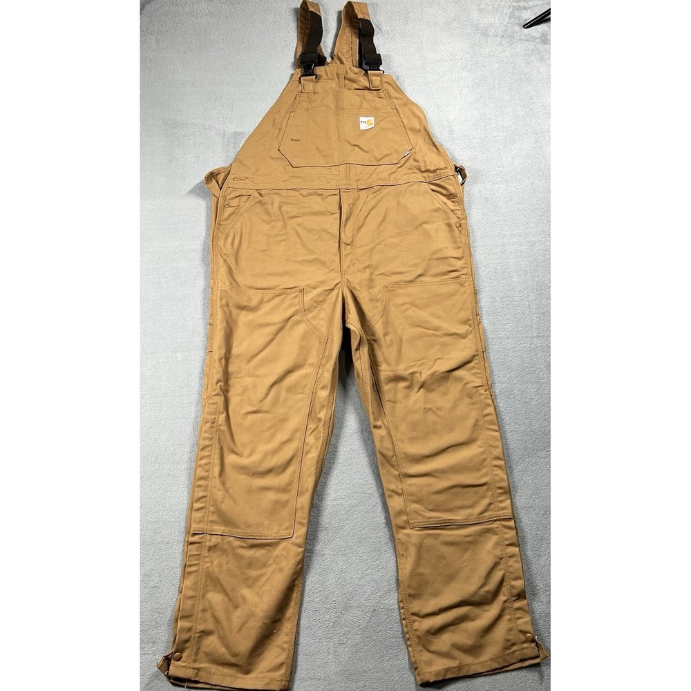 Carhartt Bib Overalls Mens 44x34 Brown FR Double Knee Duck‎ Canvas Zip Leg